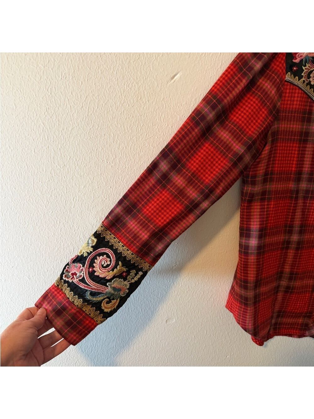 Johnny Was Esme Embroidered Western Pearlsnap Shirt Red Plaid Rodeo Women's XXS - Picture 6 of 14